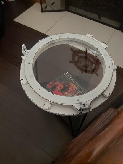DRH - Nautical Wood Ship Porthole Table - Distressed White Color with Black Metal Legs - Round Accent Table for Beach House and Boats - Coastal Theme - Perfect as Coffee Table and End Table - DRH Nauticals
