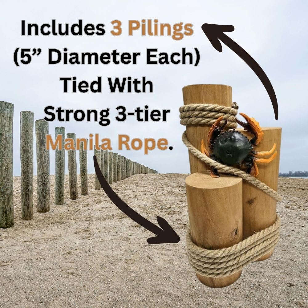 Set of 3 Real Wood Nautical Pier Pilings with Rope – 5" Diameter Decorative Marine Posts for Coastal Decor – Beach House, Patio, Dock Display – Includes Detailed Rubber Crab Accent