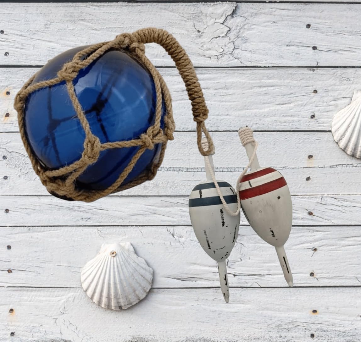 Nautical Glass Fishing Float & Wooden Buoy Set - 12" Blue Glass Ball with Net + 11" Distressed Wood Buoy - Coastal Beach House Decor, Vintage Ocean Gift - DRH Nauticals