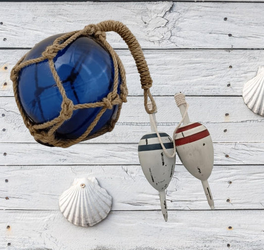 Nautical Glass Fishing Float & Wooden Buoy Set - 12" Blue Glass Ball with Net + 11" Distressed Wood Buoy - Coastal Beach House Decor, Vintage Ocean Gift