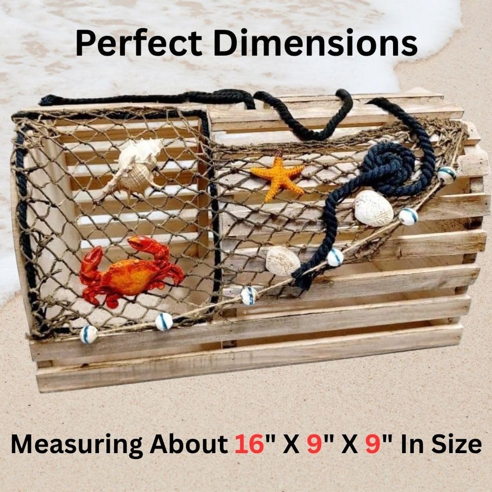 Decorative Lobster Trap Nautical Coastal Decor – Distressed Wood with Fishnet, Seashells, Crab & Starfish Accents – Perfect Beach House, Boat Decoration – Unique Ocean-Themed Gift for Sea Lovers - DRH Nauticals