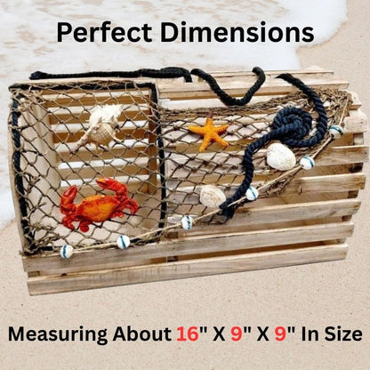 Decorative Lobster Trap Nautical Coastal Decor – Distressed Wood with Fishnet, Seashells, Crab & Starfish Accents – Perfect Beach House, Boat Decoration – Unique Ocean-Themed Gift for Sea Lovers - DRH Nauticals