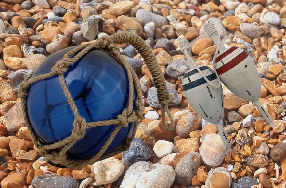 Nautical Glass Fishing Float & Wooden Buoy Set - 12" Blue Glass Ball with Net + 11" Distressed Wood Buoy - Coastal Beach House Decor, Vintage Ocean Gift - DRH Nauticals