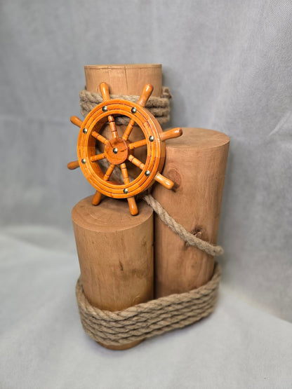Set of 3 Nautical Wood Piling Decorations with Beautiful Wooden Shipwheel – Real Wooden Pier Posts for Coastal, Marine, or Nautical Decor - Huge 5” Diameter Stumps for Beach Home Decor