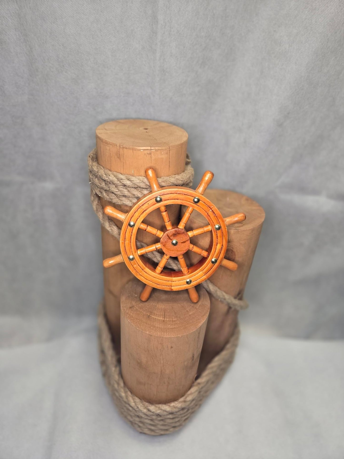 Set of 3 Nautical Wood Piling Decorations with Beautiful Wooden Shipwheel – Real Wooden Pier Posts for Coastal, Marine, or Nautical Decor - Huge 5” Diameter Stumps for Beach Home Decor