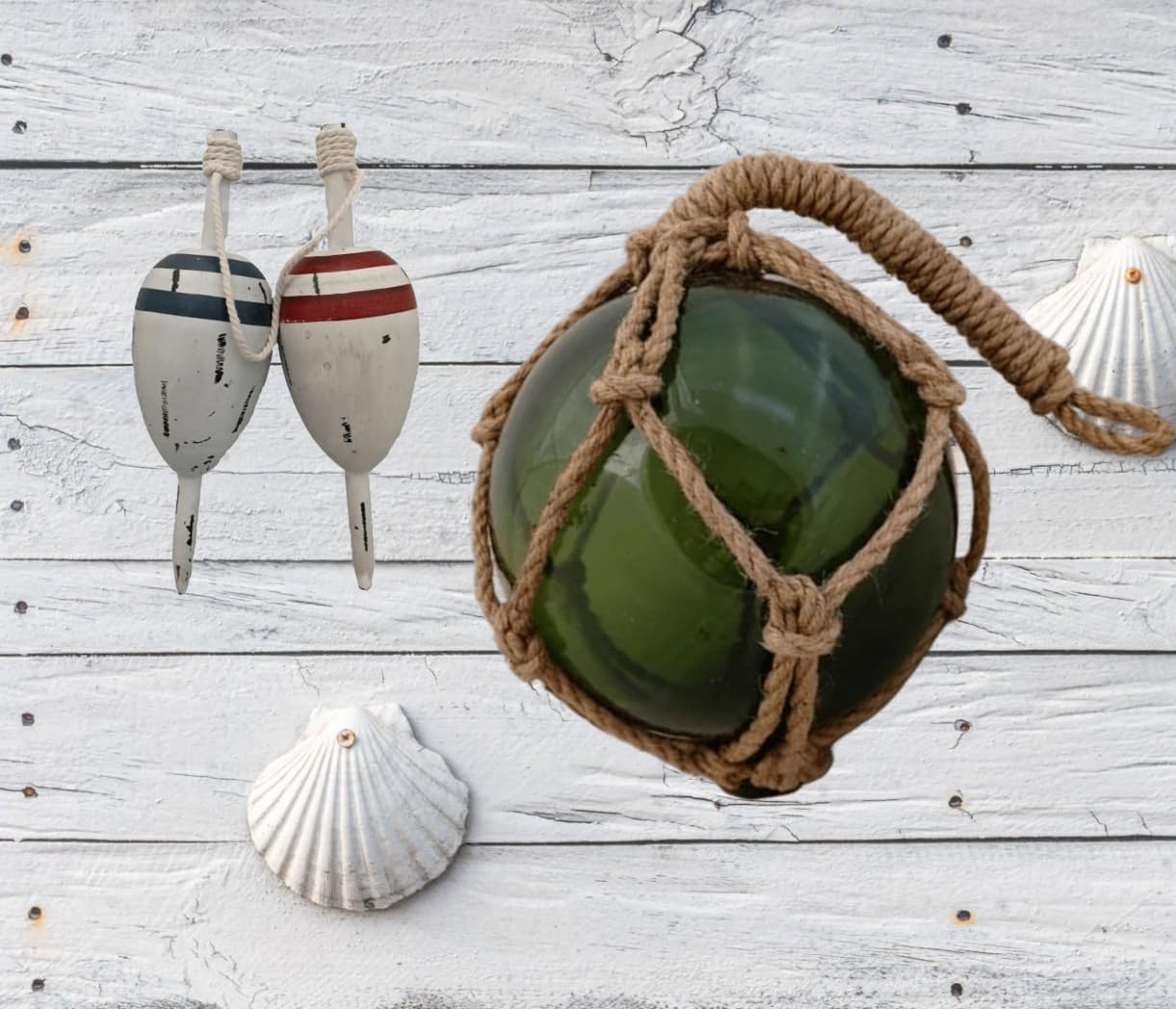 Nautical Glass Fishing Float & Wooden Buoy Set - 12" Green Glass Ball with Net + 11" Distressed Wood Buoy - Coastal Beach House Decor, Vintage Ocean Gift - DRH Nauticals