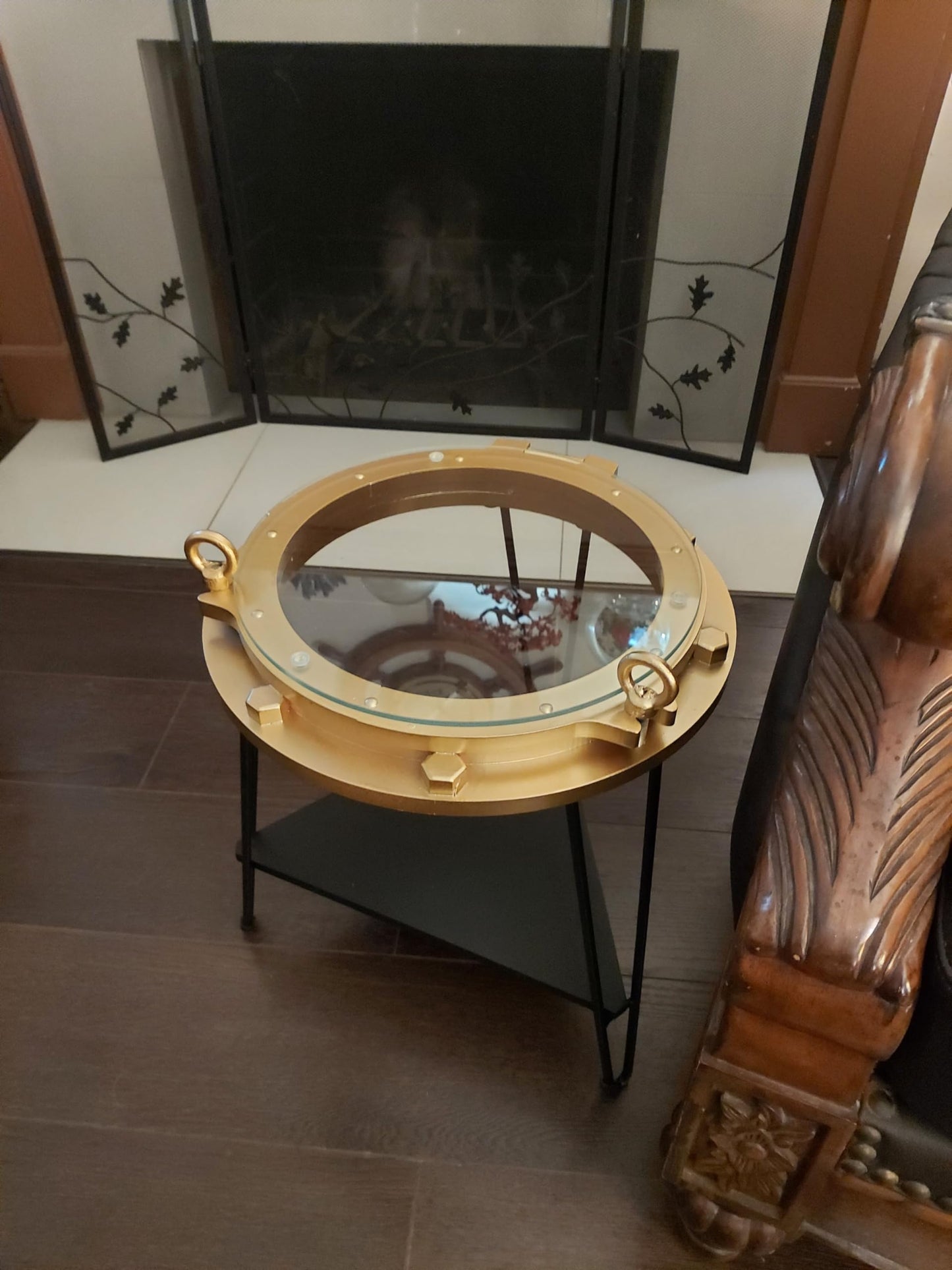 DRH - Nautical Wood Ship Porthole Table - Gold Color with Black Metal Legs - Round Accent Table for Beach House and Boats - Coastal Theme - Perfect as Coffee Table and End Table - DRH Nauticals