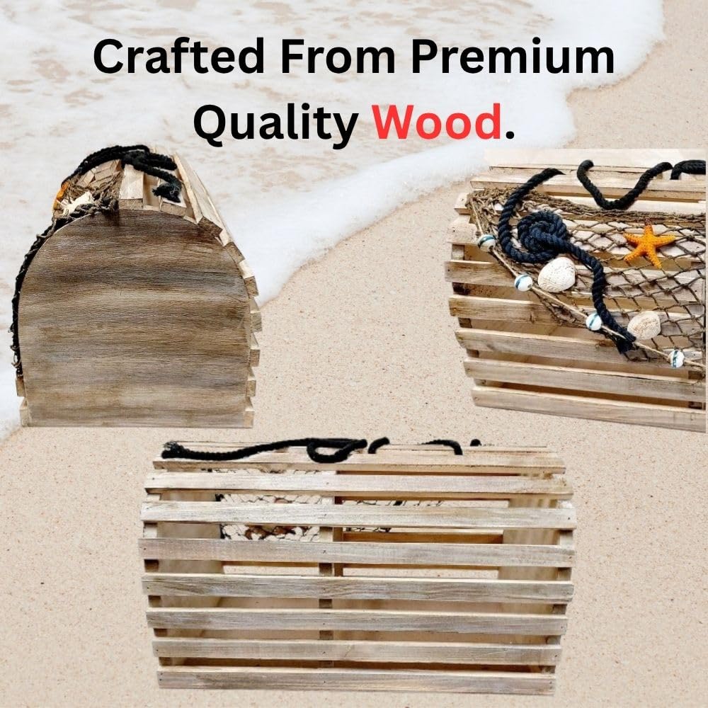 Decorative Lobster Trap Nautical Coastal Decor – Distressed Wood with Fishnet, Seashells, Crab & Starfish Accents – Perfect Beach House, Boat Decoration – Unique Ocean-Themed Gift for Sea Lovers - DRH Nauticals