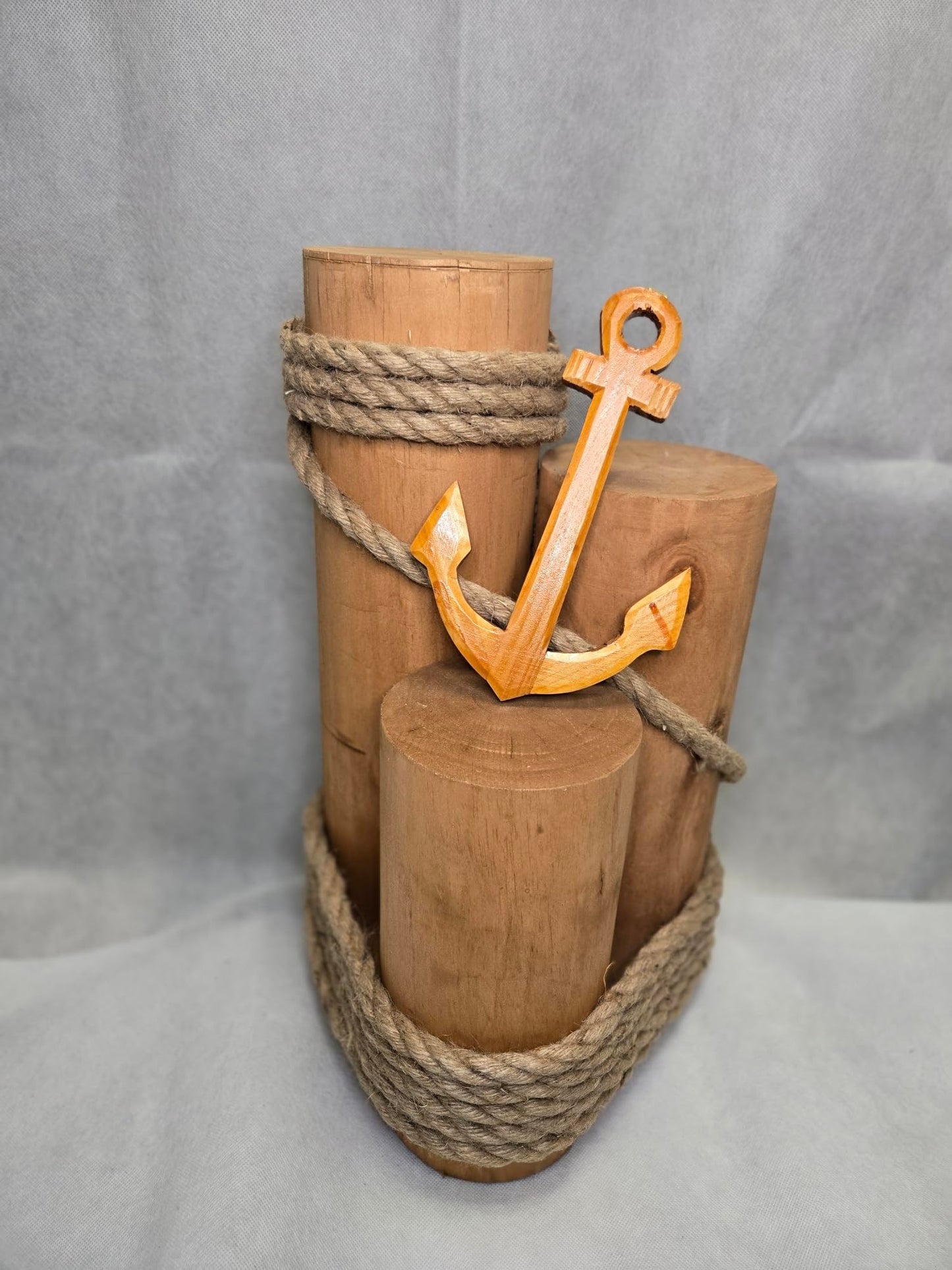 Set of 3 Nautical Wood Piling Decorations with Beautiful Wooden Anchor– Real Wooden Pier Posts for Coastal, Marine, or Nautical Decor - Huge 5” Diameter Stumps for Beach Home Decor - DRH Nauticals