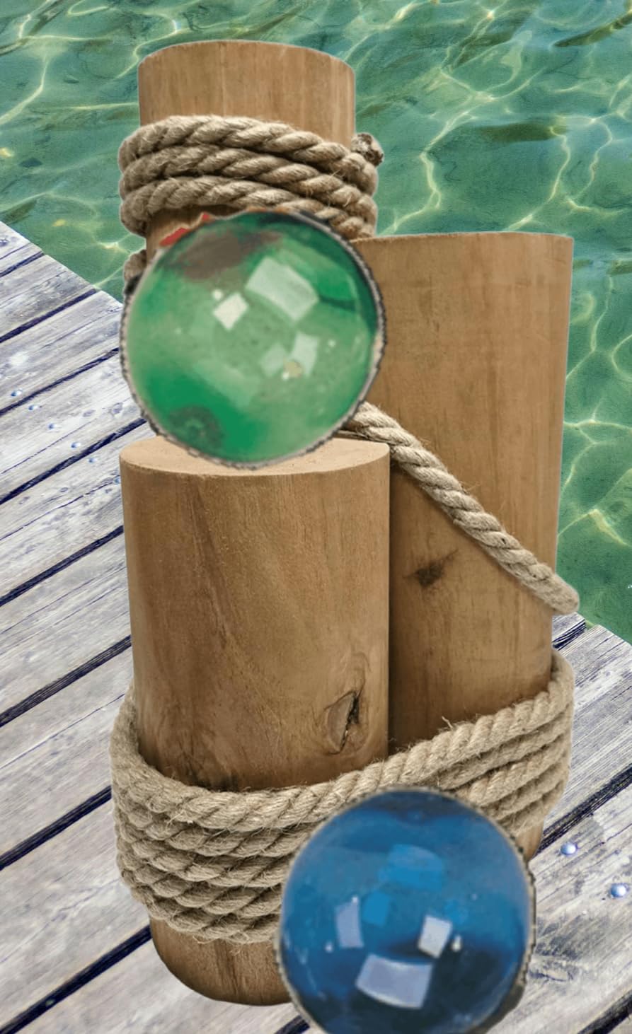 Set of 3 Nautical Wood Piling Decorations with Glass Fishing Floats – Real Wooden Pier Posts for Coastal, Marine, or Nautical Decor - Huge 5” Diameter Stumps for Beach Home Decor