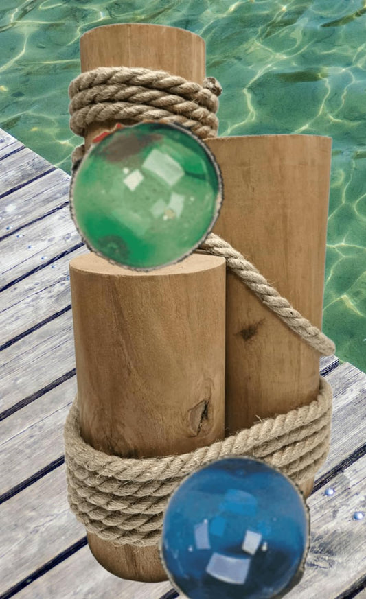 Set of 3 Nautical Wood Piling Decorations with Glass Fishing Floats – Real Wooden Pier Posts for Coastal, Marine, or Nautical Decor - Huge 5” Diameter Stumps for Beach Home Decor