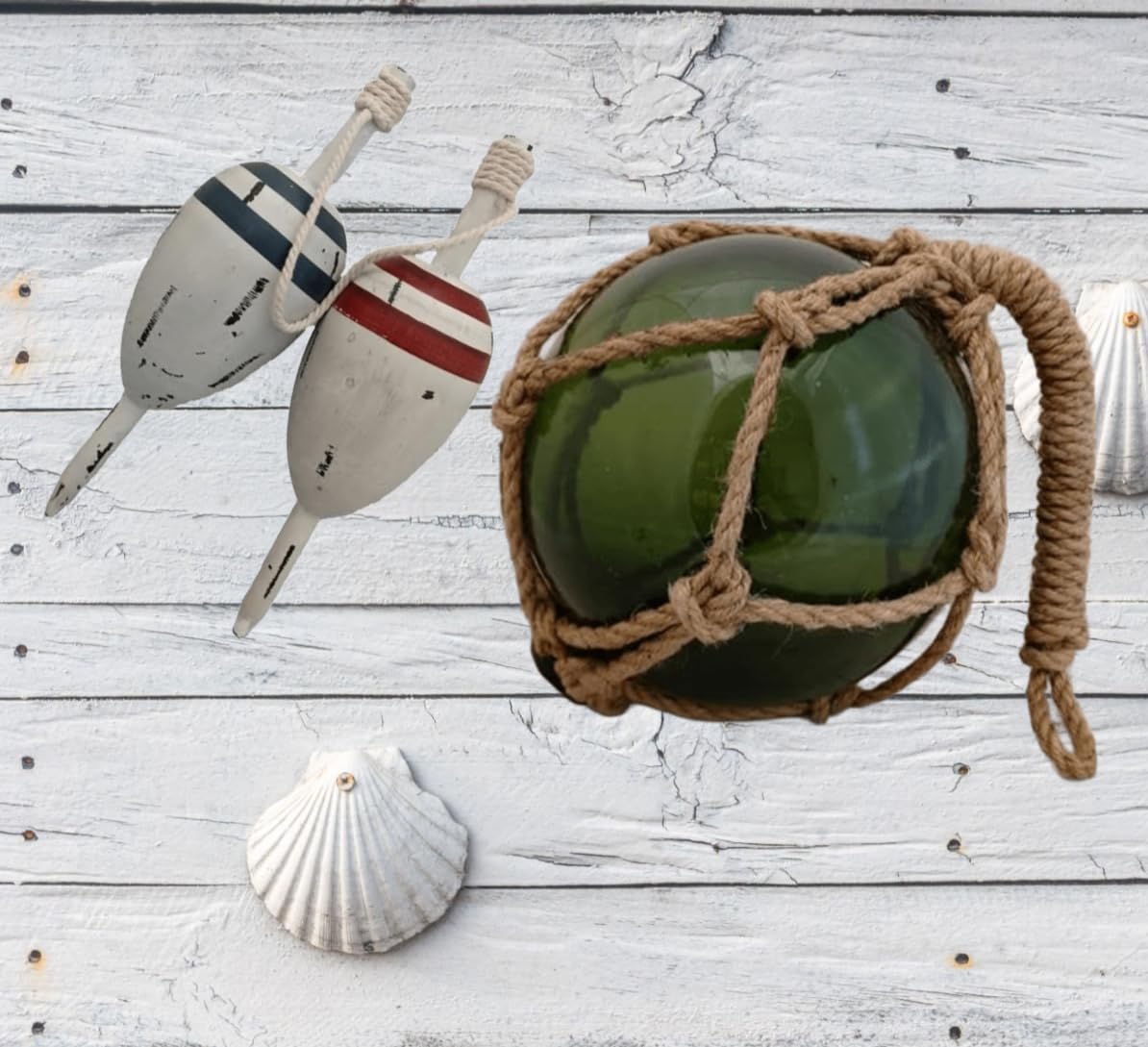 Nautical Glass Fishing Float & Wooden Buoy Set - 12" Green Glass Ball with Net + 11" Distressed Wood Buoy - Coastal Beach House Decor, Vintage Ocean Gift - DRH Nauticals