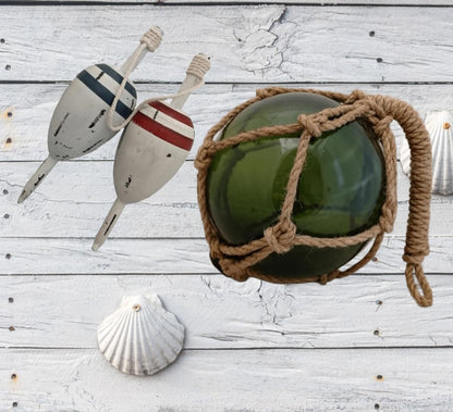 Nautical Glass Fishing Float & Wooden Buoy Set - 12" Green Glass Ball with Net + 11" Distressed Wood Buoy - Coastal Beach House Decor, Vintage Ocean Gift - DRH Nauticals