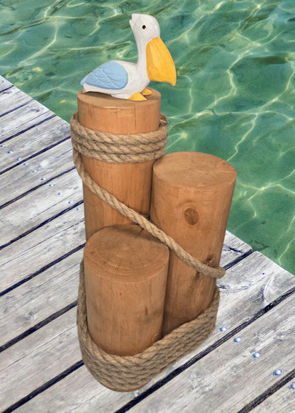 Set of 3 Nautical Wood Piling Decorations with Beautiful Pelican – Real Wooden Pier Posts for Coastal, Marine, or Nautical Decor - Huge 5” Diameter Stumps for Beach Home Decor