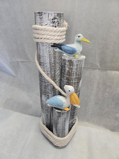 Pelican and Seagull Statue on Wood Pilings – Coastal Garden Decor, Nautical Bird Sculpture for Porch, Pool, Patio or Beach House - Marine Bird Sculpture Nautical Decor