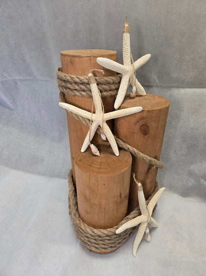 Set of 3 Nautical Wood Piling Decorations with Real Hanging Starfish – Real Wooden Pier Posts for Coastal, Marine, or Nautical Decor - Huge 5” Diameter Stumps for Beach Home Decor
