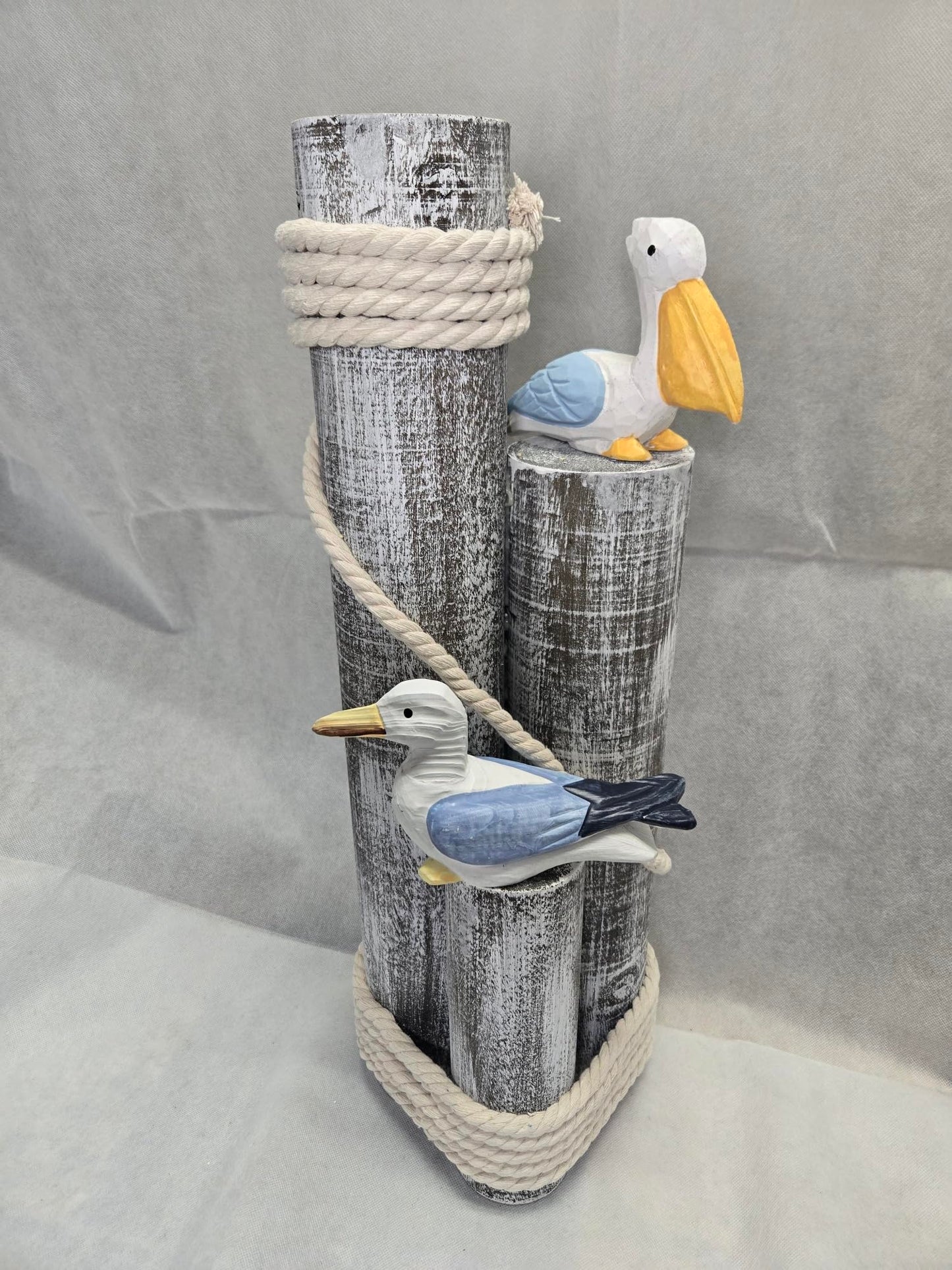 Pelican and Seagull Statue on Wood Pilings – Coastal Garden Decor, Nautical Bird Sculpture for Porch, Pool, Patio or Beach House - Marine Bird Sculpture Nautical Decor