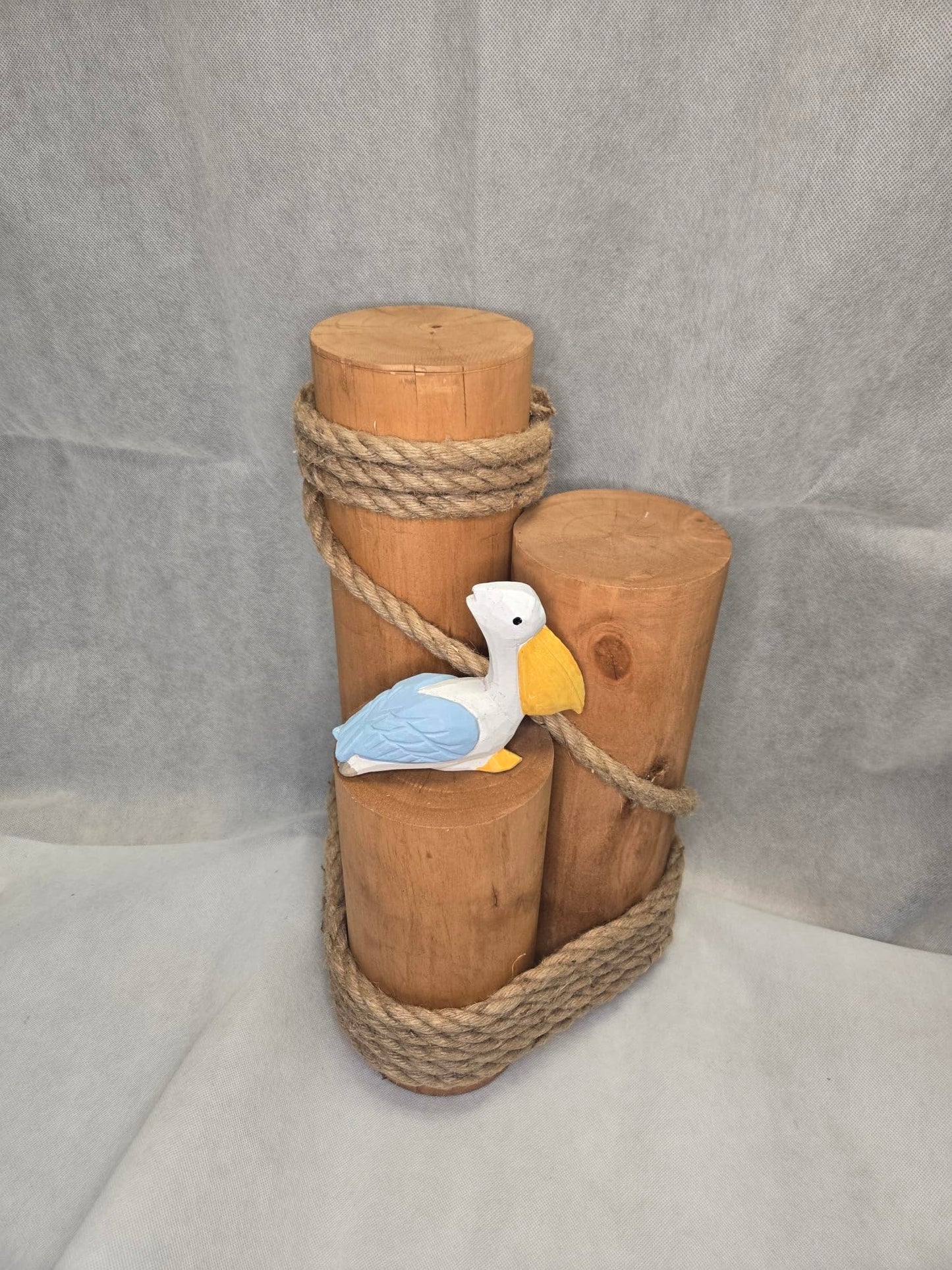 Set of 3 Nautical Wood Piling Decorations with Beautiful Pelican – Real Wooden Pier Posts for Coastal, Marine, or Nautical Decor - Huge 5” Diameter Stumps for Beach Home Decor
