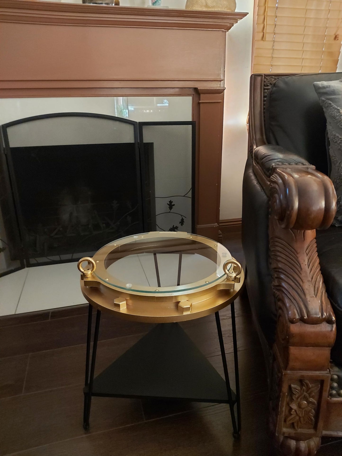 DRH - Nautical Wood Ship Porthole Table - Gold Color with Black Metal Legs - Round Accent Table for Beach House and Boats - Coastal Theme - Perfect as Coffee Table and End Table - DRH Nauticals