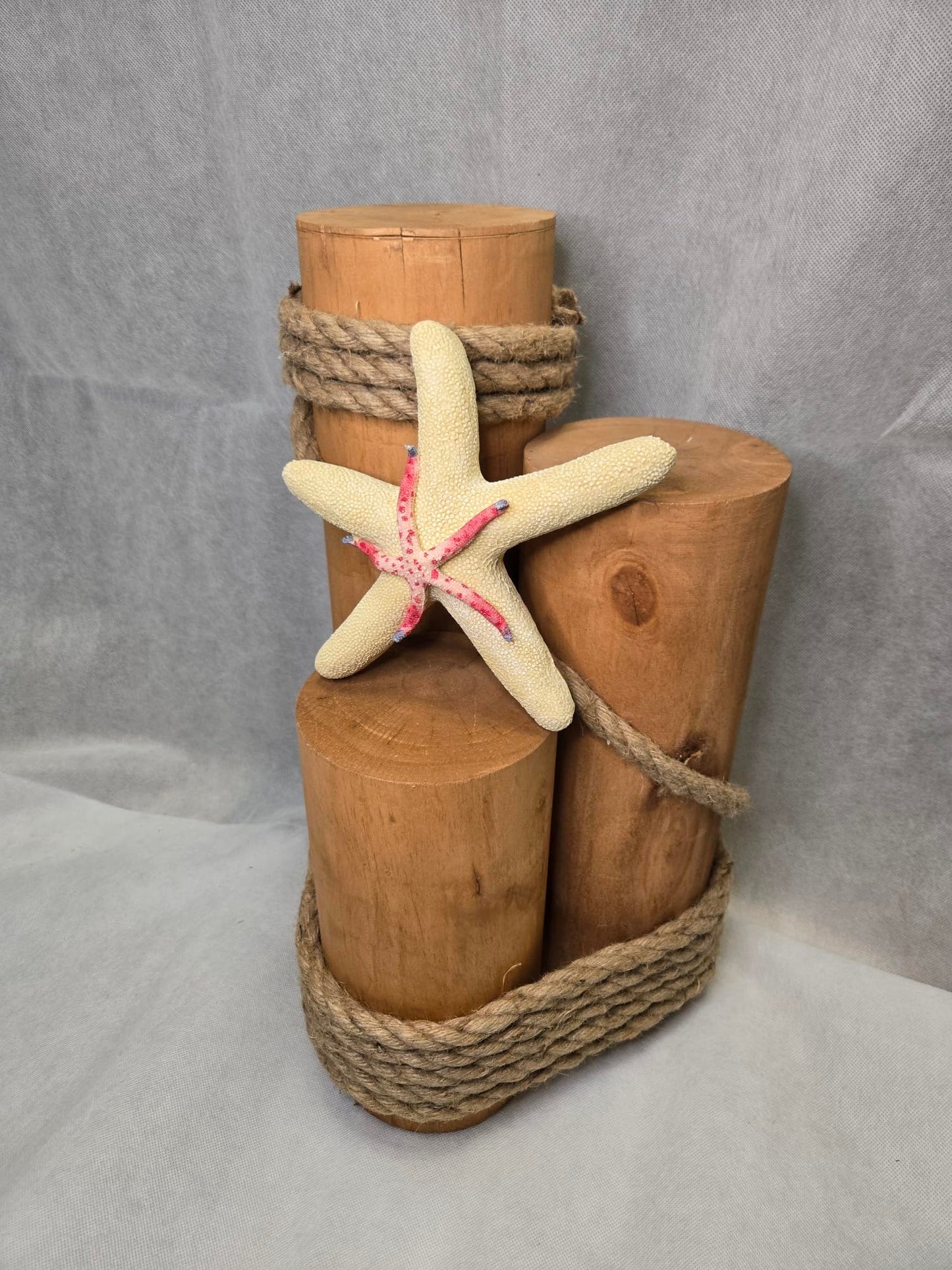 Set of 3 Nautical Wood Piling Decorations with Stunning Starfish– Real Wooden Pier Posts for Coastal, Marine, or Nautical Decor - Huge 5” Diameter Stumps for Beach Home Decor