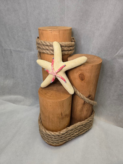 Set of 3 Nautical Wood Piling Decorations with Stunning Starfish– Real Wooden Pier Posts for Coastal, Marine, or Nautical Decor - Huge 5” Diameter Stumps for Beach Home Decor