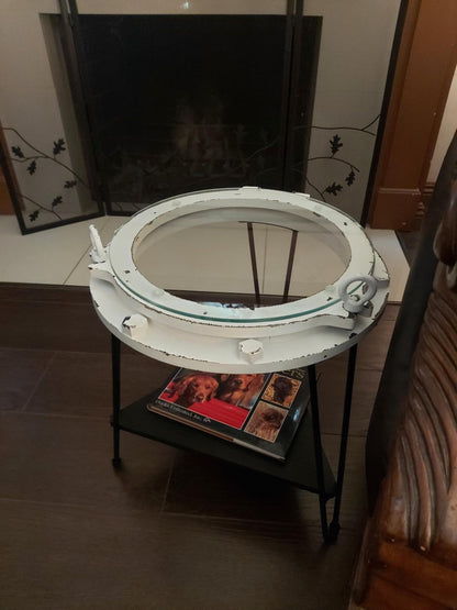 DRH - Nautical Wood Ship Porthole Table - Distressed White Color with Black Metal Legs - Round Accent Table for Beach House and Boats - Coastal Theme - Perfect as Coffee Table and End Table