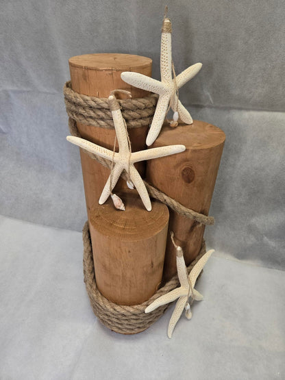 Set of 3 Nautical Wood Piling Decorations with Real Hanging Starfish – Real Wooden Pier Posts for Coastal, Marine, or Nautical Decor - Huge 5” Diameter Stumps for Beach Home Decor