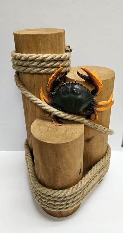 Real Wood Nautical Pier Pilings with Fisherman’s Rope and Crab | DRH Nautical coastal decor