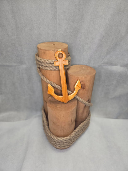 Set of 3 Nautical Wood Piling Decorations with Beautiful Wooden Anchor– Real Wooden Pier Posts for Coastal, Marine, or Nautical Decor - Huge 5” Diameter Stumps for Beach Home Decor - DRH Nauticals