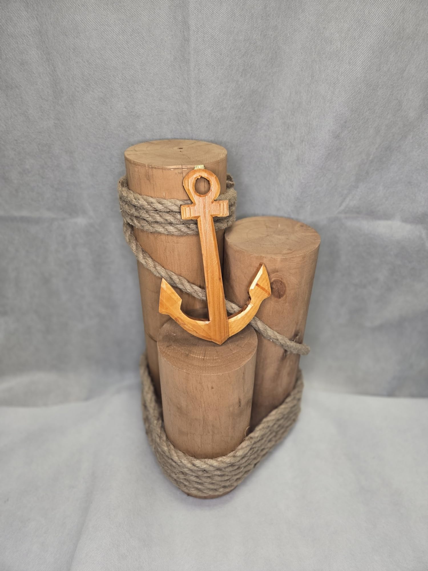 Set of 3 Nautical Wood Piling Decorations with Beautiful Wooden Anchor– Real Wooden Pier Posts for Coastal, Marine, or Nautical Decor - Huge 5” Diameter Stumps for Beach Home Decor - DRH Nauticals