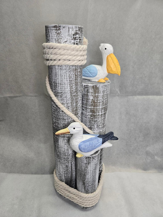 Pelican and Seagull Statue on Wood Pilings – Coastal Garden Decor, Nautical Bird Sculpture for Porch, Pool, Patio or Beach House - Marine Bird Sculpture Nautical Decor