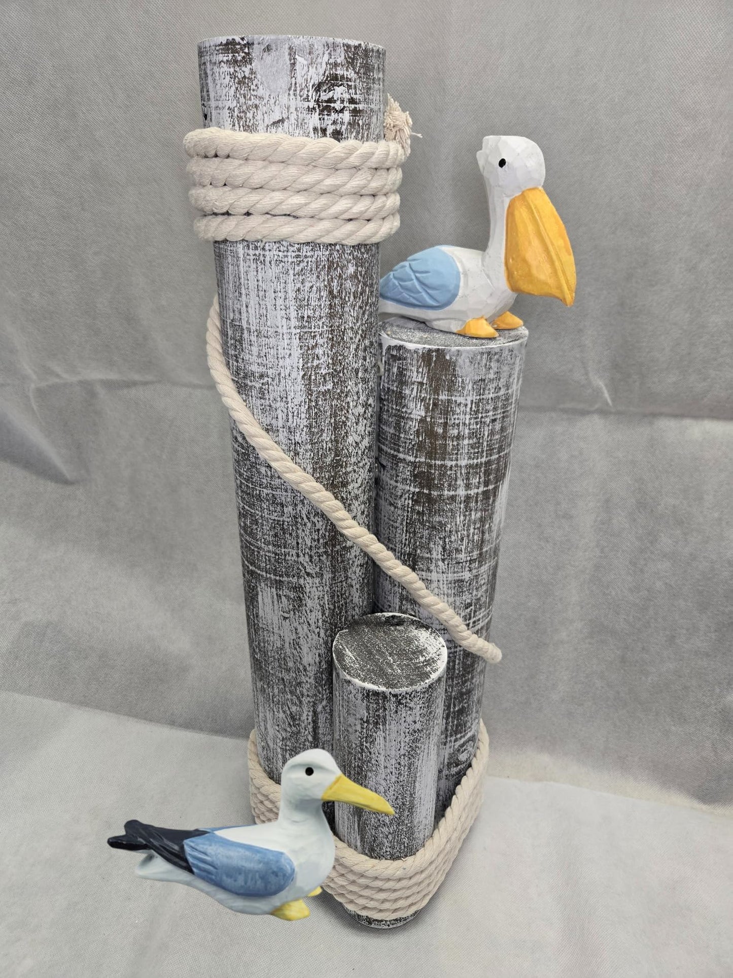 Pelican and Seagull Statue on Wood Pilings – Coastal Garden Decor, Nautical Bird Sculpture for Porch, Pool, Patio or Beach House - Marine Bird Sculpture Nautical Decor