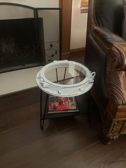 DRH - Nautical Wood Ship Porthole Table - Distressed White Color with Black Metal Legs - Round Accent Table for Beach House and Boats - Coastal Theme - Perfect as Coffee Table and End Table - DRH Nauticals