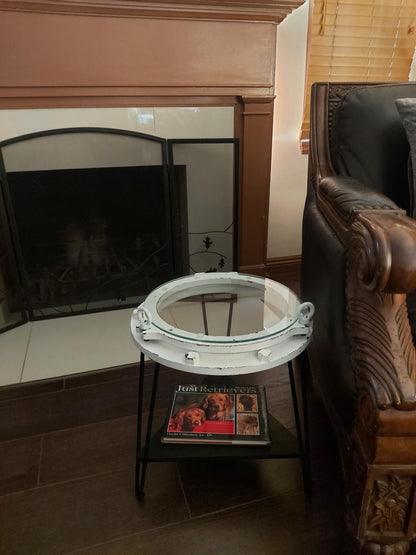 DRH - Nautical Wood Ship Porthole Table - Distressed White Color with Black Metal Legs - Round Accent Table for Beach House and Boats - Coastal Theme - Perfect as Coffee Table and End Table - DRH Nauticals