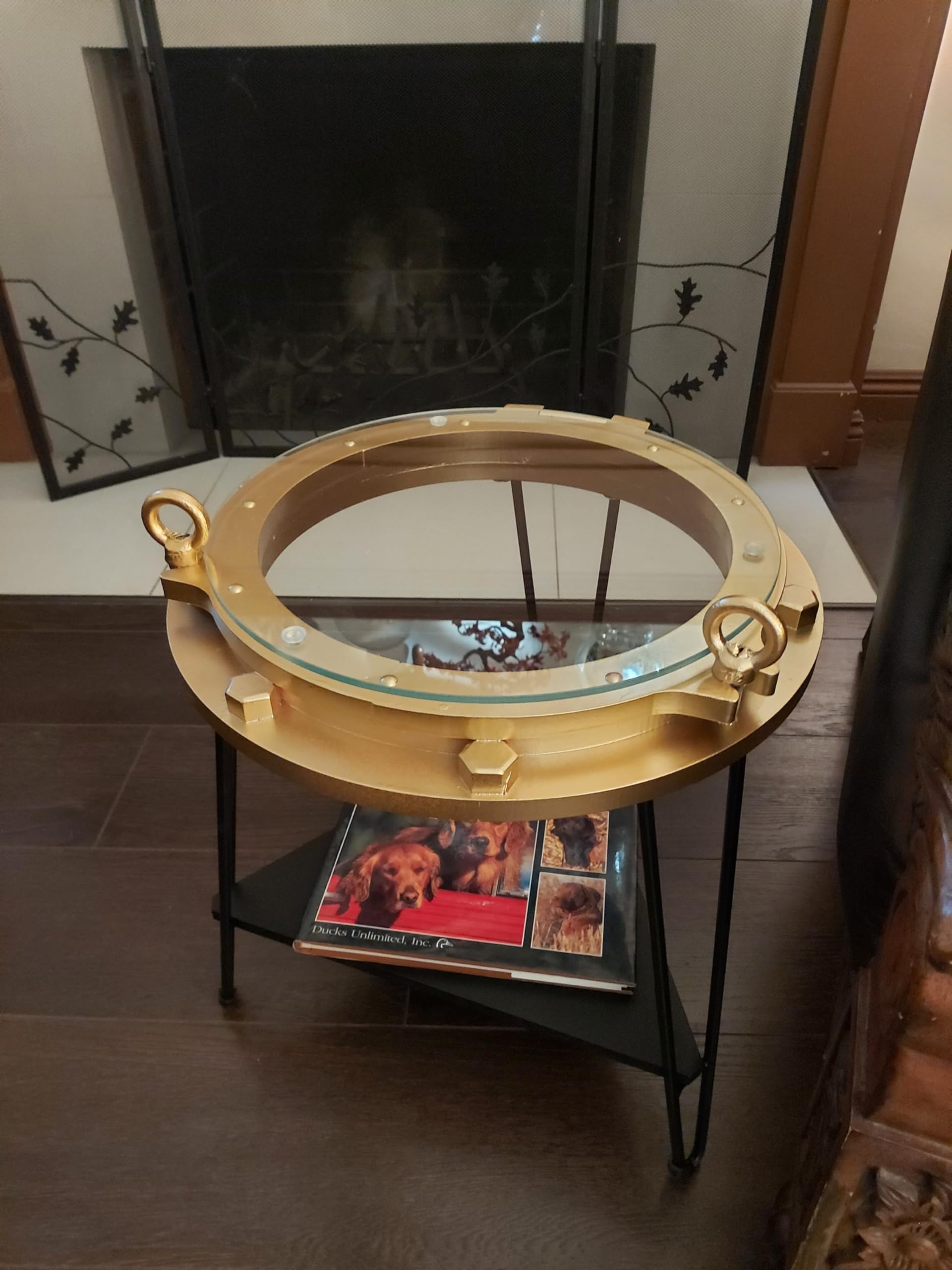 DRH - Nautical Wood Ship Porthole Table - Gold Color with Black Metal Legs - Round Accent Table for Beach House and Boats - Coastal Theme - Perfect as Coffee Table and End Table - DRH Nauticals