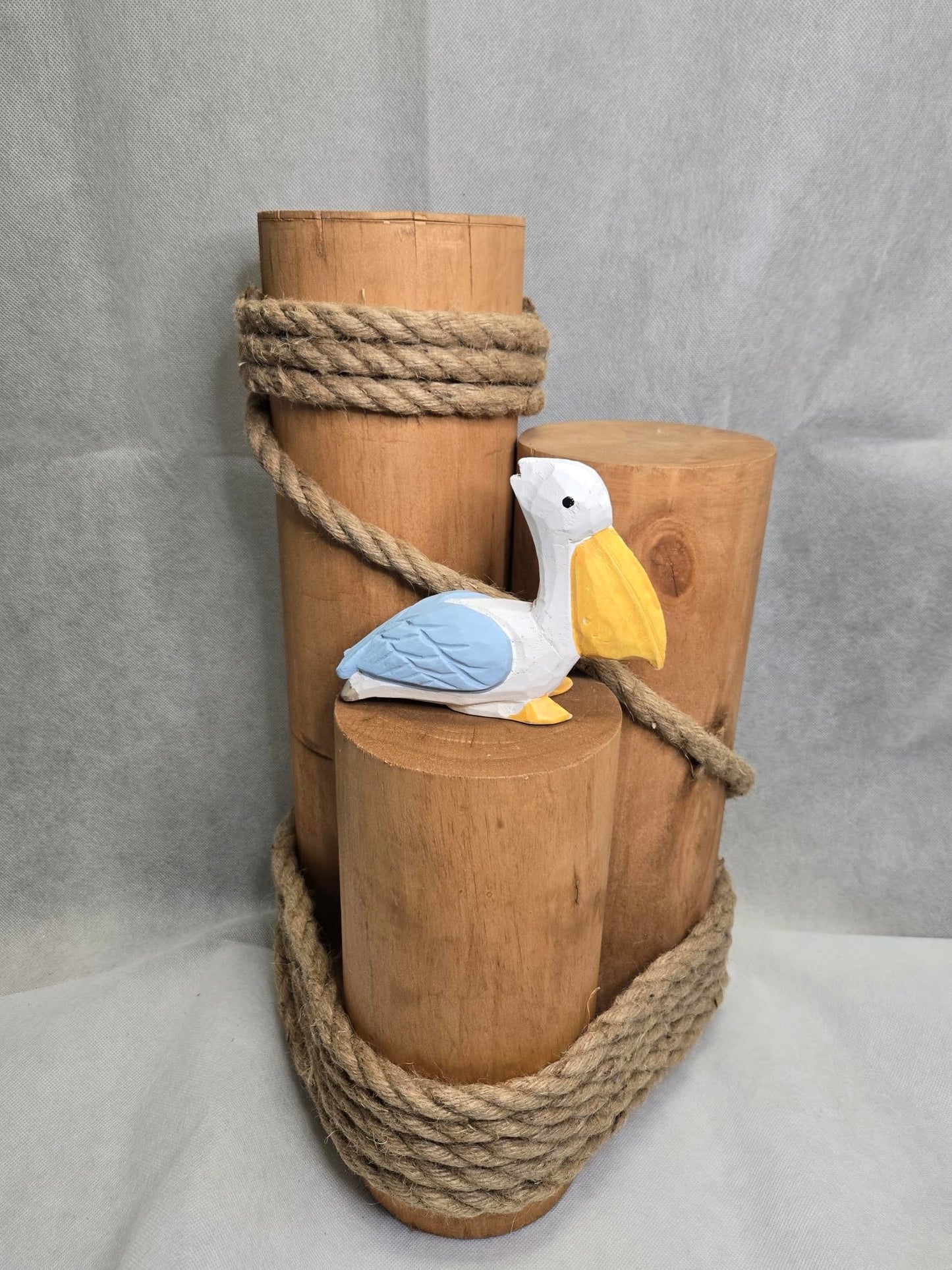 Set of 3 Nautical Wood Piling Decorations with Beautiful Pelican – Real Wooden Pier Posts for Coastal, Marine, or Nautical Decor - Huge 5” Diameter Stumps for Beach Home Decor