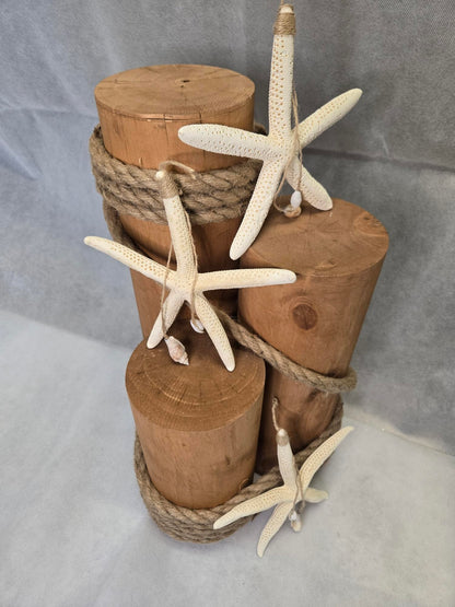 Set of 3 Nautical Wood Piling Decorations with Real Hanging Starfish – Real Wooden Pier Posts for Coastal, Marine, or Nautical Decor - Huge 5” Diameter Stumps for Beach Home Decor