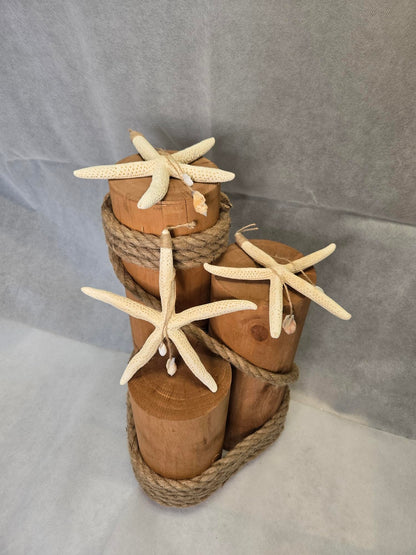 Set of 3 Nautical Wood Piling Decorations with Real Hanging Starfish – Real Wooden Pier Posts for Coastal, Marine, or Nautical Decor - Huge 5” Diameter Stumps for Beach Home Decor