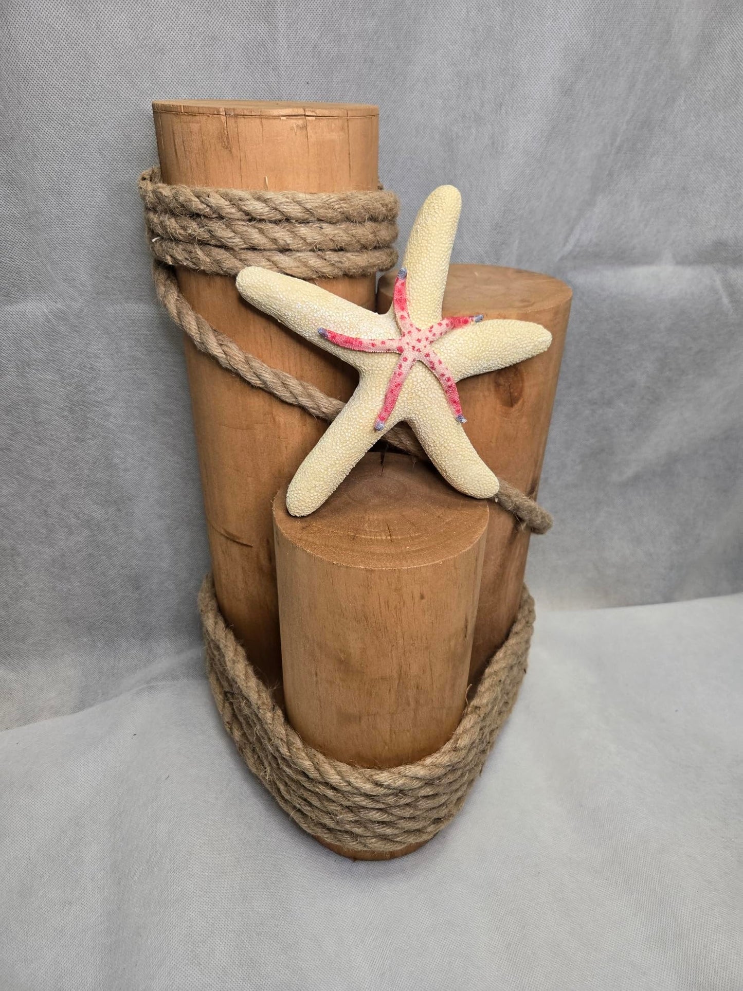 Set of 3 Nautical Wood Piling Decorations with Stunning Starfish– Real Wooden Pier Posts for Coastal, Marine, or Nautical Decor - Huge 5” Diameter Stumps for Beach Home Decor