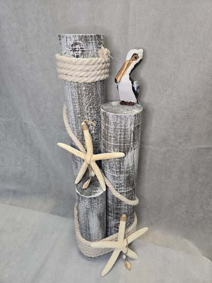 Pelican on Wood Pilings Nautical Statue with Hanging Starfish – Coastal Decor for Porch, Garden, or Poolside - Marine Bird Sculpture - Nautical Décor