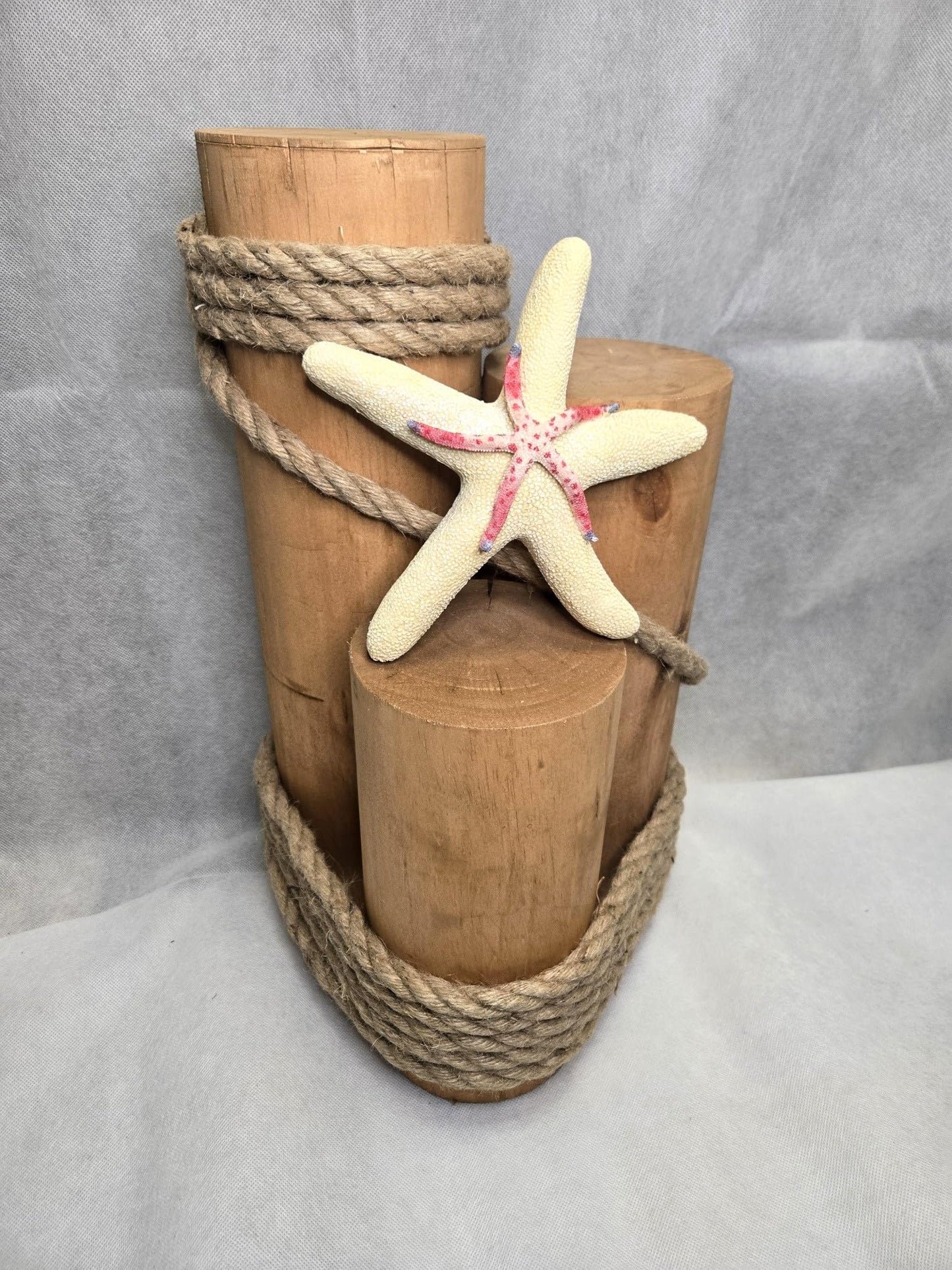 Set of 3 Nautical Wood Piling Decorations with Stunning Starfish– Real Wooden Pier Posts for Coastal, Marine, or Nautical Decor - Huge 5” Diameter Stumps for Beach Home Decor