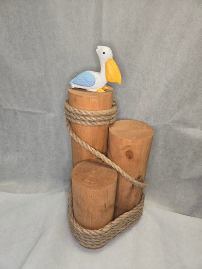 Set of 3 Nautical Wood Piling Decorations with Beautiful Pelican – Real Wooden Pier Posts for Coastal, Marine, or Nautical Decor - Huge 5” Diameter Stumps for Beach Home Decor