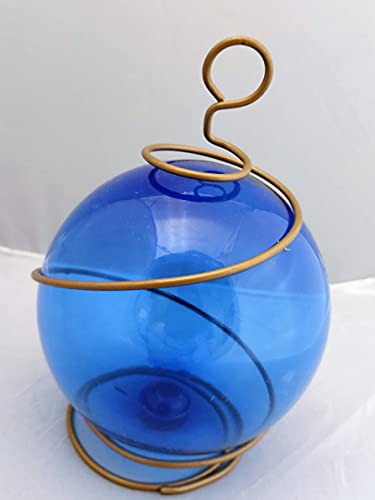 DRH Blue Japanese Fishing Glass Buoy with Metal Coil Wrap - Glass Float Ball - Bright Nautical Decor - Perfect Hanging Nautical Glass Buoy Gift for Art Lovers - 5 inches X 7.5" Height - DRH Nauticals