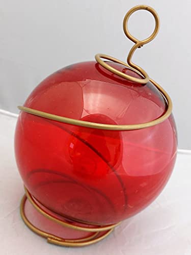 DRH Red Japanese Fishing Glass Buoy with Metal Coil Wrap - Glass Float Ball - Bright Nautical Decor - Perfect Hanging Nautical Glass Buoy Gift for Art Lovers - 5 inches X 7.5" Height - DRH Nauticals