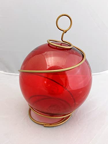 DRH Red Japanese Fishing Glass Buoy with Metal Coil Wrap - Glass Float Ball - Bright Nautical Decor - Perfect Hanging Nautical Glass Buoy Gift for Art Lovers - 5 inches X 7.5" Height - DRH Nauticals