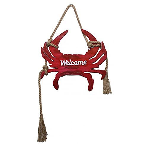DRH - Nautical Red Wooden Welcome Crab Sign Wall Plaque Beach Decor Nautical Rope Wall Hanging - DRH Nauticals