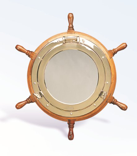 Large Brass Porthole Mirror with Ship Wheel- 30 inch - DRH Nauticals