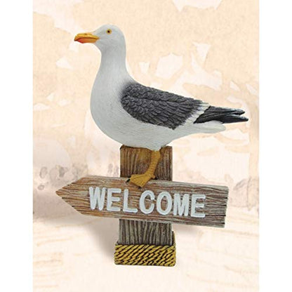 DRH Seagull on Log with Welcome Arrow Figurine - Made of Wood and Polystone - Coastal Beach Home Welcome Decoration - Seagull Decorations for Home - Perfect Ocean Perch Nautical Décor Gift - DRH Nauticals