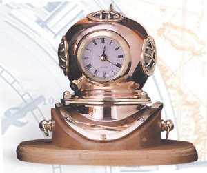 HS Polished Brass Quartz Dive Helmet Clock w/Lacquer Coating & Oak Base - DRH Nauticals