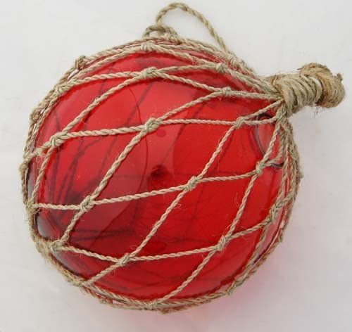 DRH - Red Nautical Glass Japanese Fishing Float - Glass Float Ball - Nautical Decor with Brown Roped Net - Tiki Decoration Nautical Fish Net Buoy - Gift for Art Lovers (5")